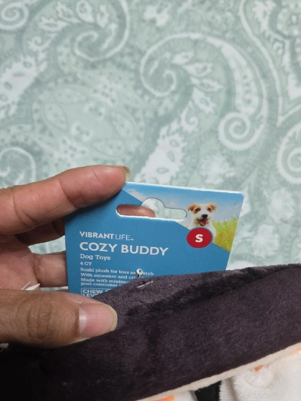 Vibrant Cozy Buddy Plush Dog Toy - Blue, Brown, White